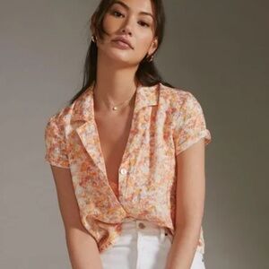 ANTHROPOLOGIE Cloth & Stone Boxy Linen Surf Shirt Peach Floral Button Down Small